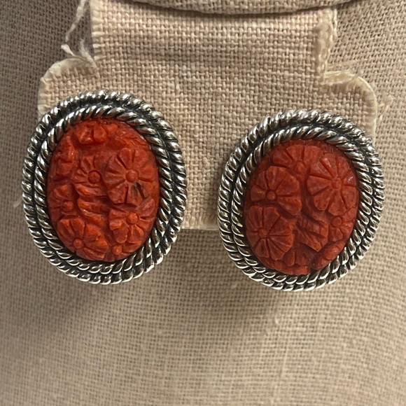 AKR Sterling Silver Carved Red Coral Earrings - Picture 2 of 8